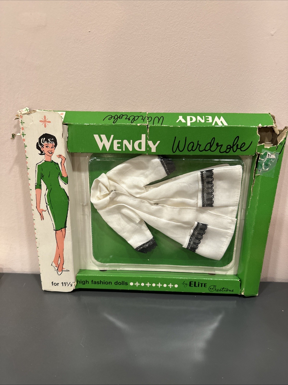 Vtg ELITE  WENDY Wardrobe #41 WHITE COAT BLACK LACE TRIM BArbie Clone