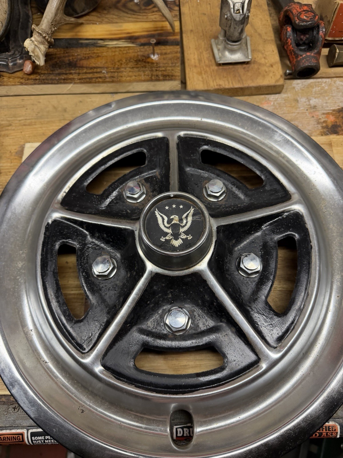 Vintage Eagle 5 Spoke Mag Style 15” Wheel Covers Hubcaps Black Chrome Set of 4