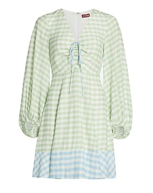 STAUD NWT $295 Olivier Gingham Check Print Bow Lined Mini Dress Size 10