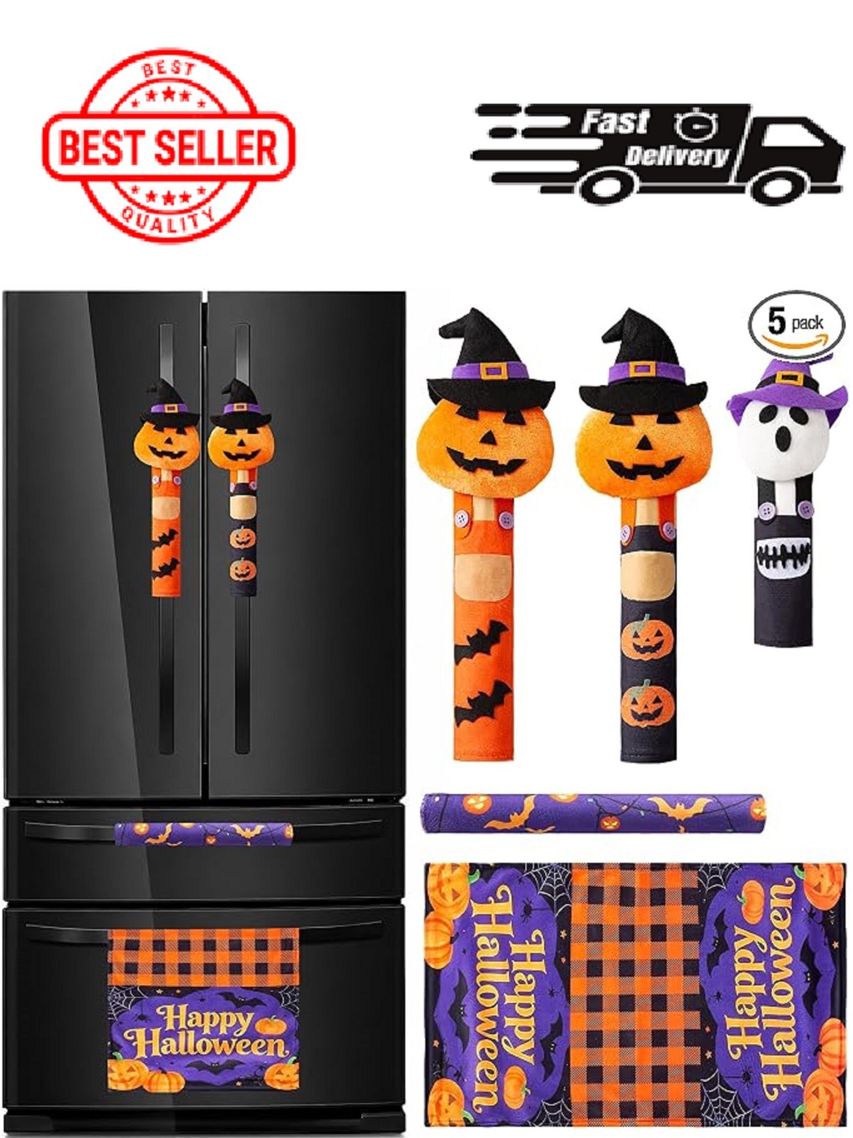 ELAMAS 5 Pack Halloween Refrigerator Handle Covers, Pumpkin 5 Packs, ELAMAS 5 Pack Halloween Refrigerator Handle Covers, Pumpkin 5 Packs,
