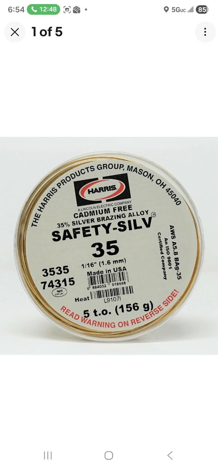 74315 Harris Safety-Silv 35 35% Silver Solder Brazing Alloy 5 Troy Ounce