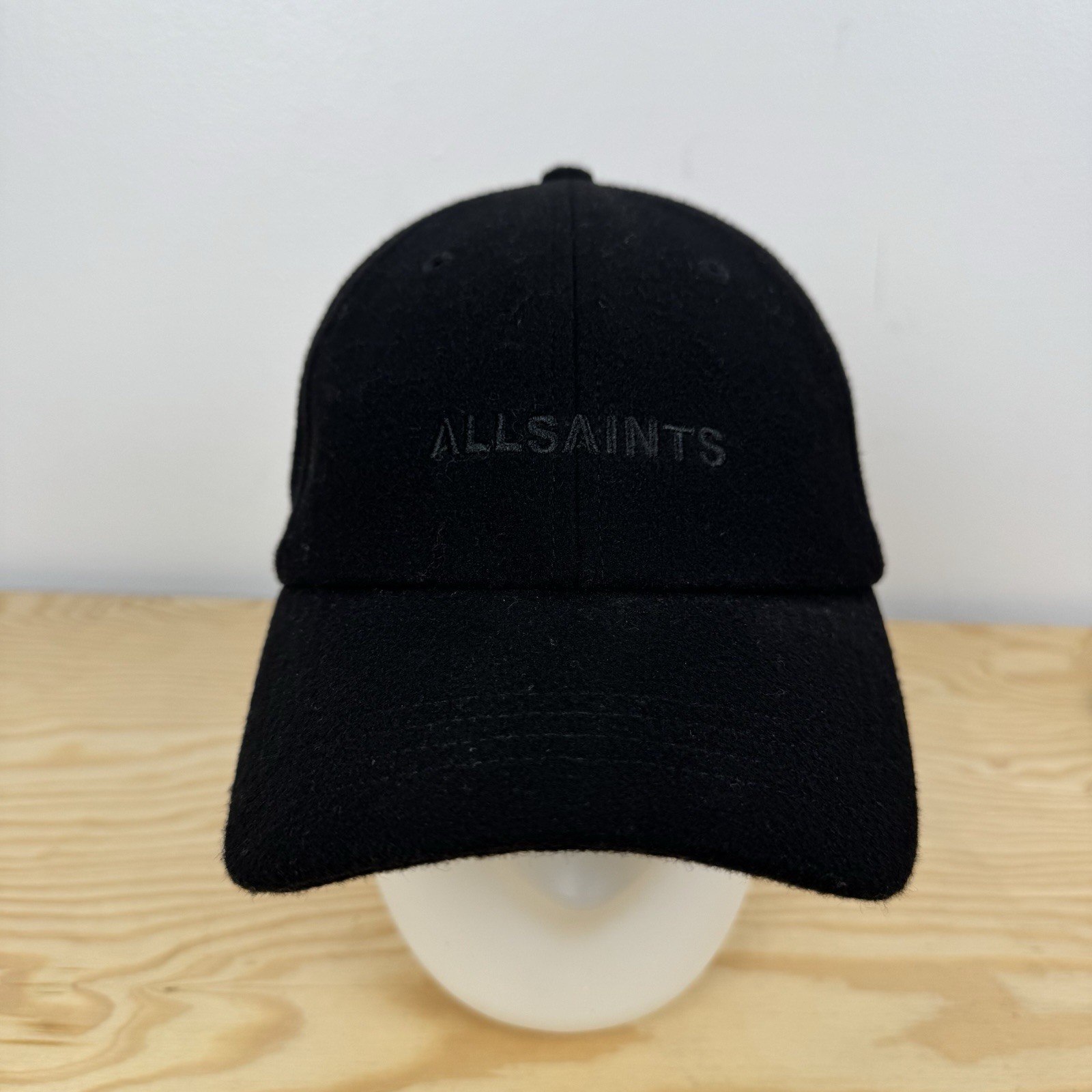 ALLSAINTS Tonal Underground Baseball Cap Wool Leather Strap Black Spellout Logo