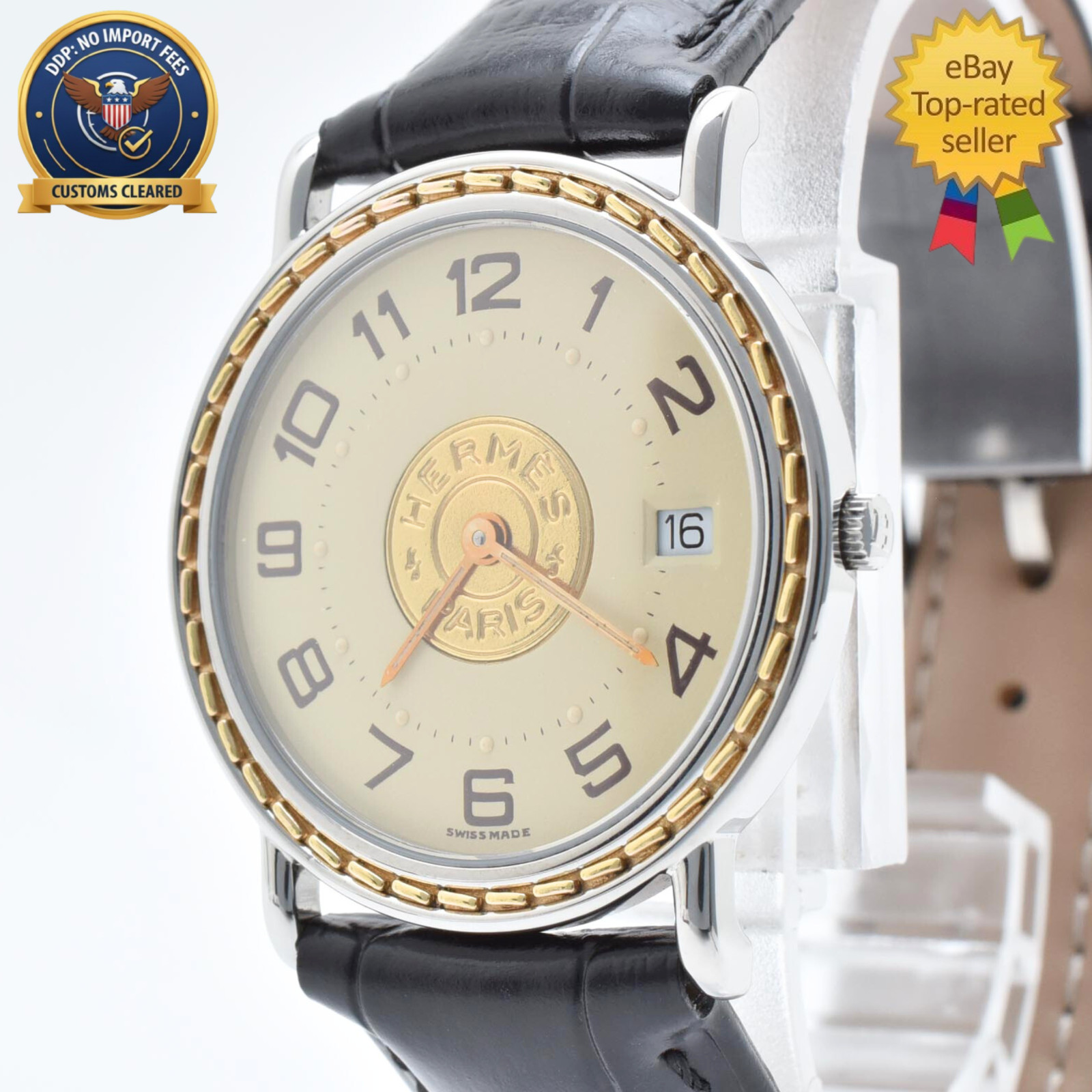 [N MINT] HERMES Serie Ivory Dial 32mm Date Quartz Vintage Men\'s Watch From JAPAN