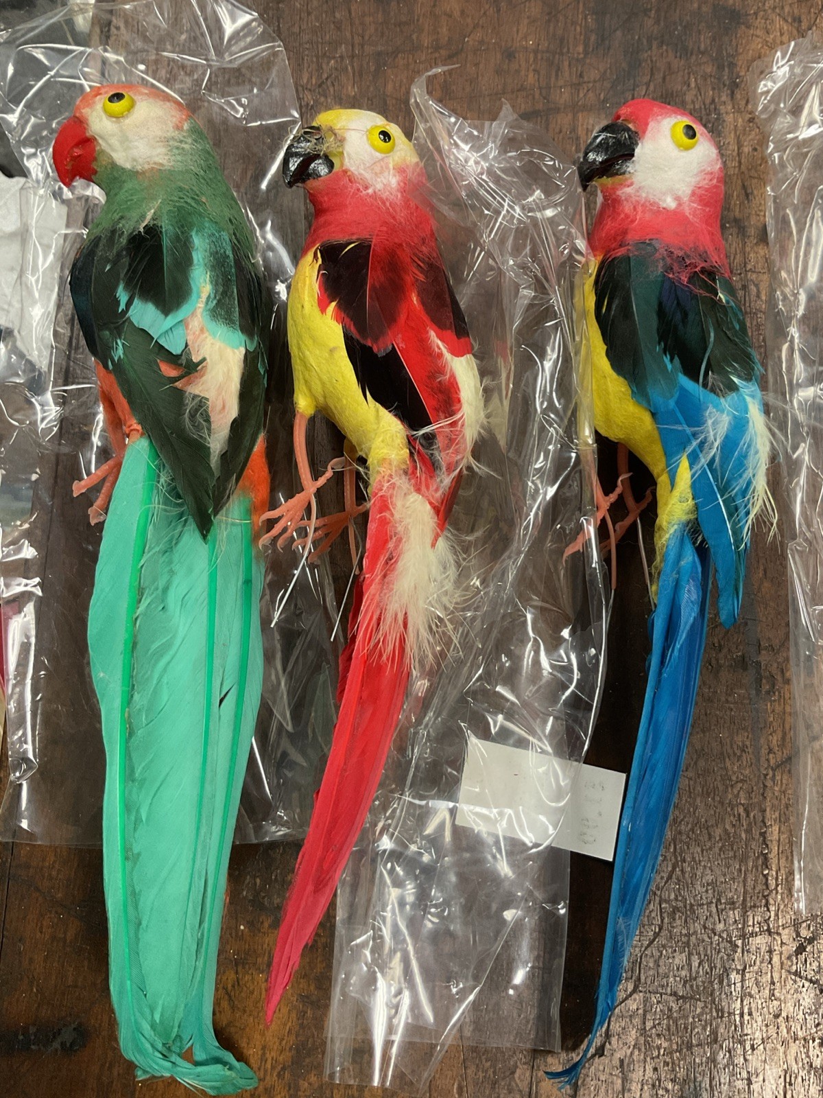 3 Vintage 9” Feathered Birds Hong Kong Lot Parrot Parakeet Decorative Faux Bird