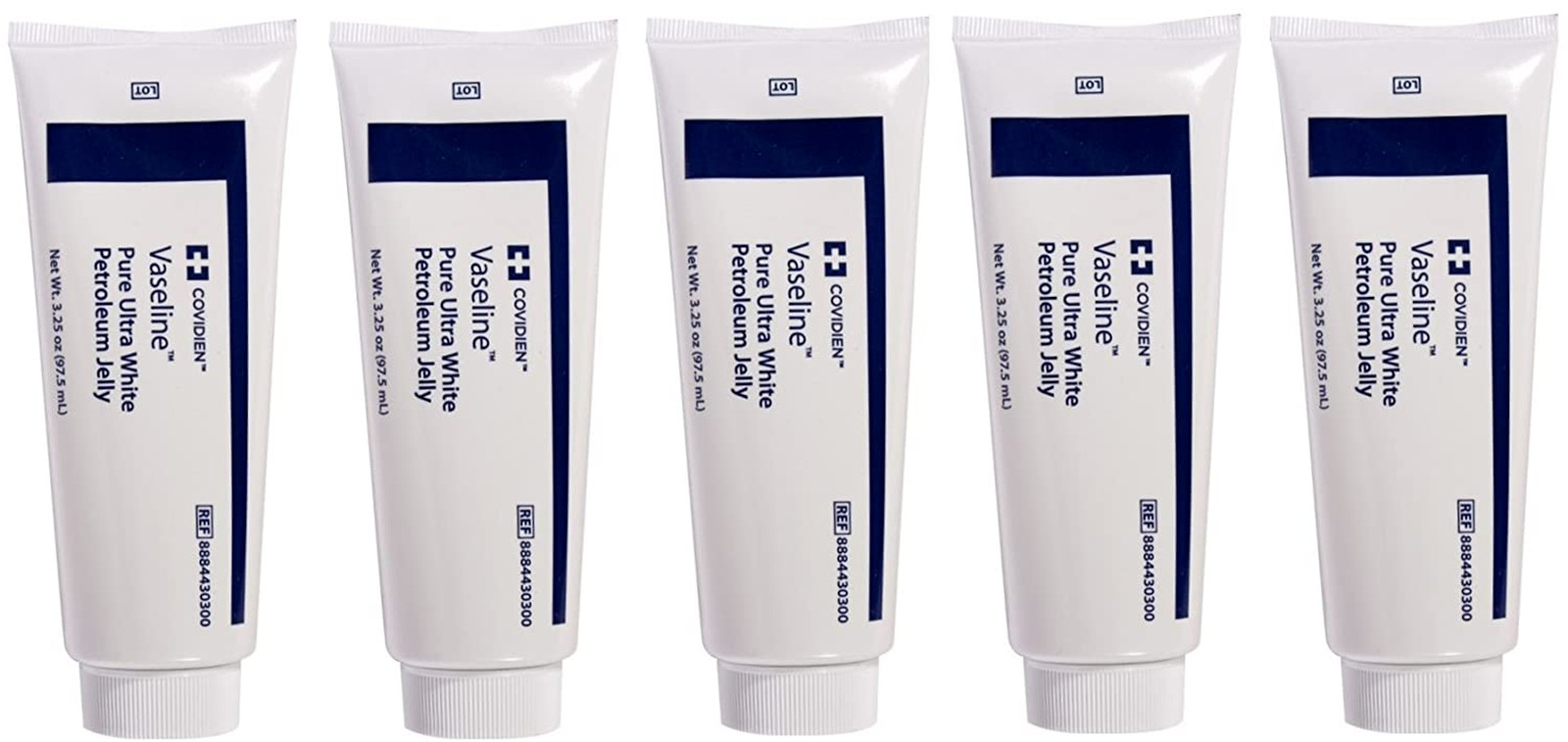 5 Pack Medical Grade Vaseline Pure Ultra White Petroleum Jelly 3.25 Oz, Covidien