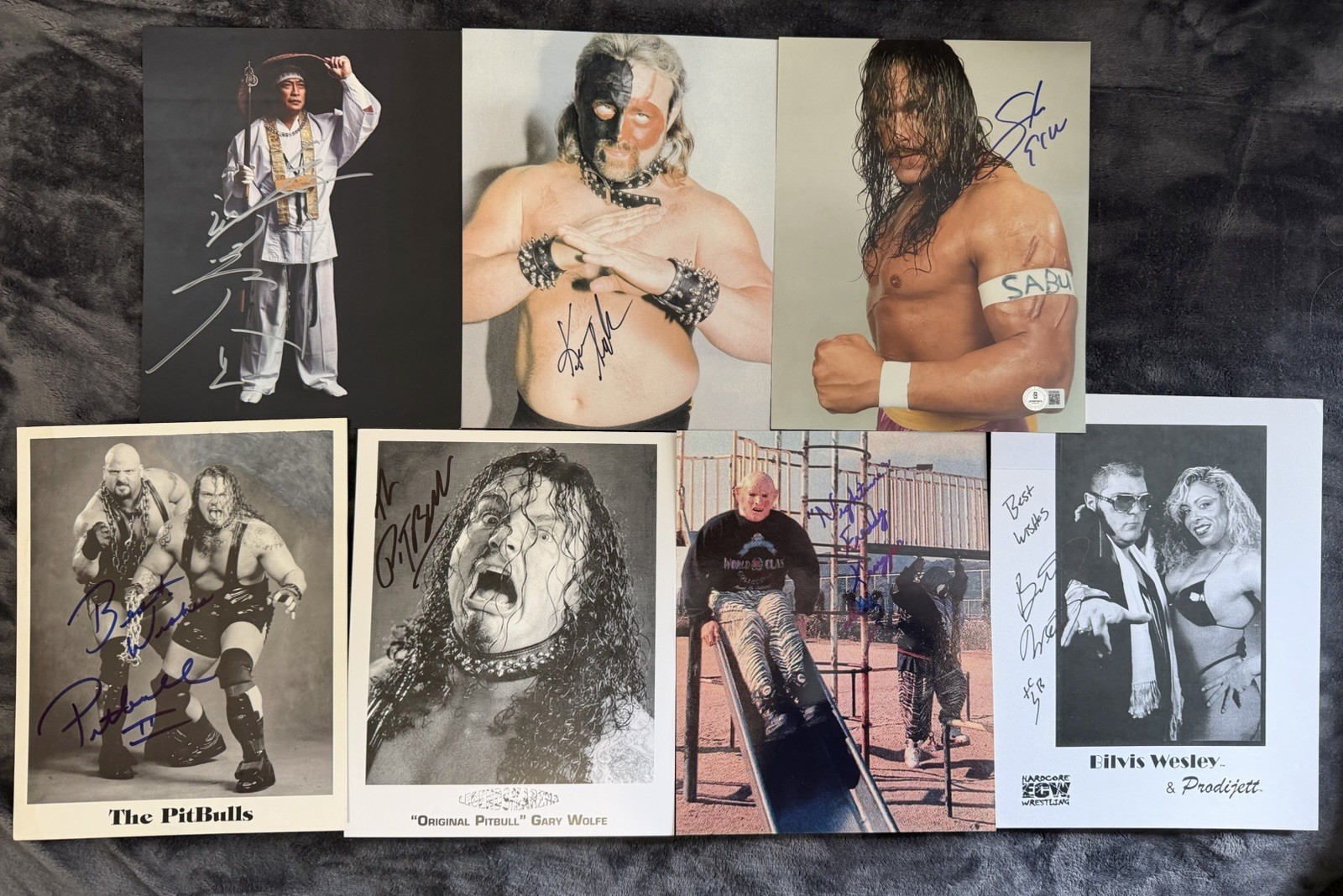 ECW Autograph Lot of 7 Signed Wrestling Photos Sabu Pitbulls Bilvis Hakushi WWE