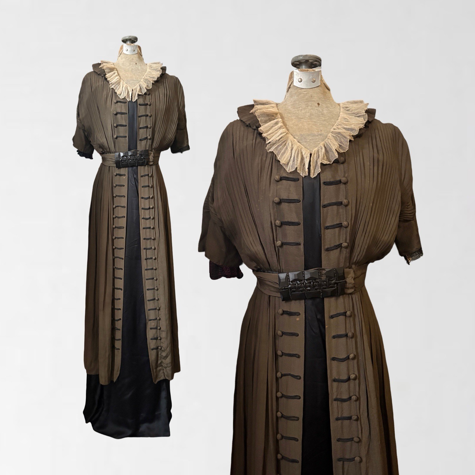 Antique 1910s Julius Garfinkle Paris Green Silk Tiered Gown Dress Pleating S