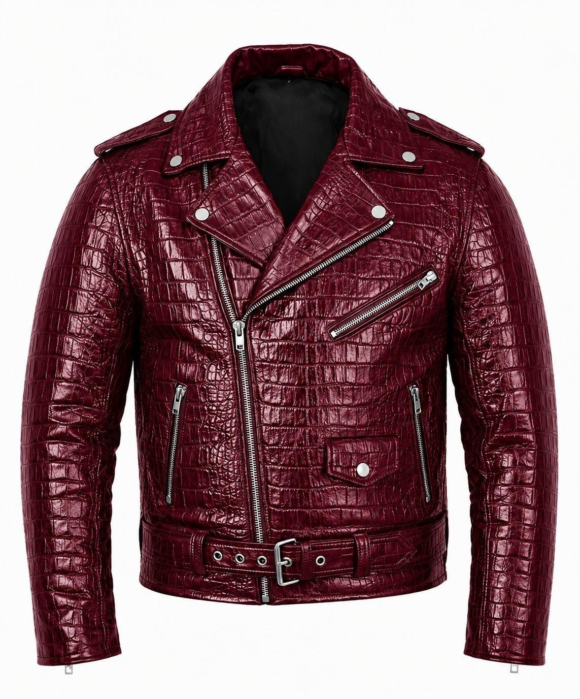 Luxury Crocodile Embossed Men\'s Brando Motorbike Genuine Leather Jacket Burgundy