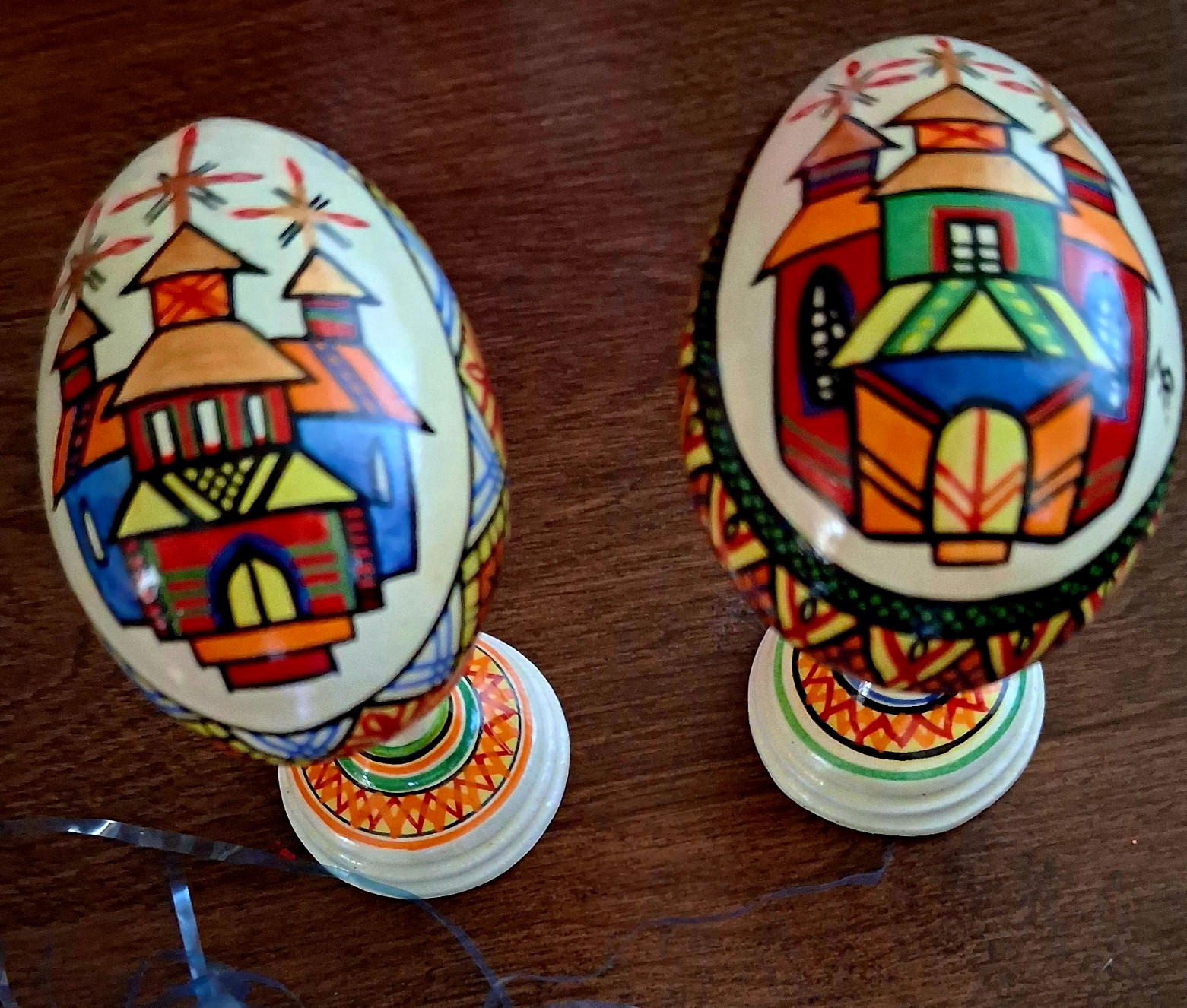 Vintage Hand Painted Wooden Easter Egg On Stand Russian Folk Art  Set of 2