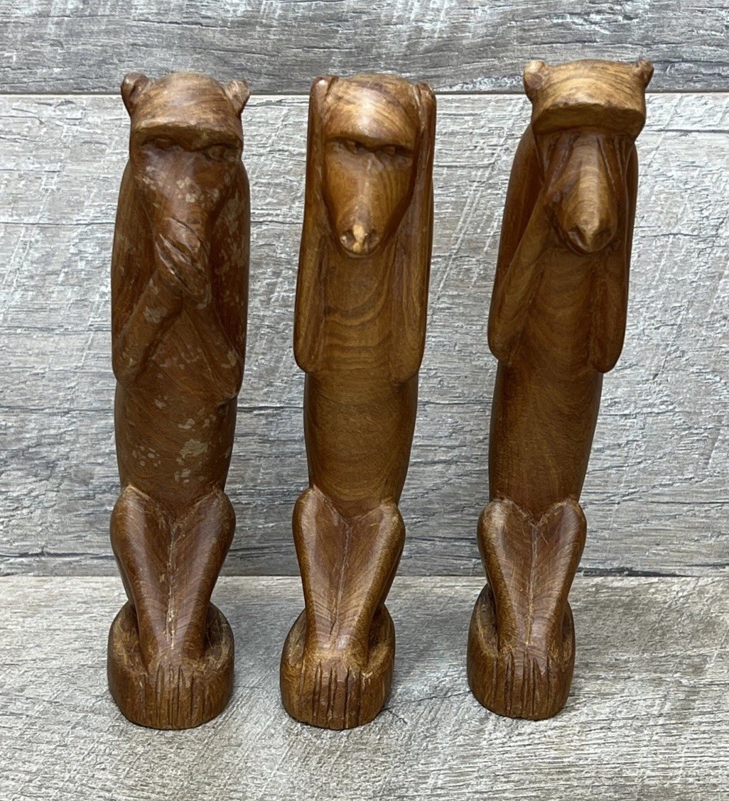 Vintage African Wood Hand Carved Monkey Figurines See, Hear & Speak No Evil