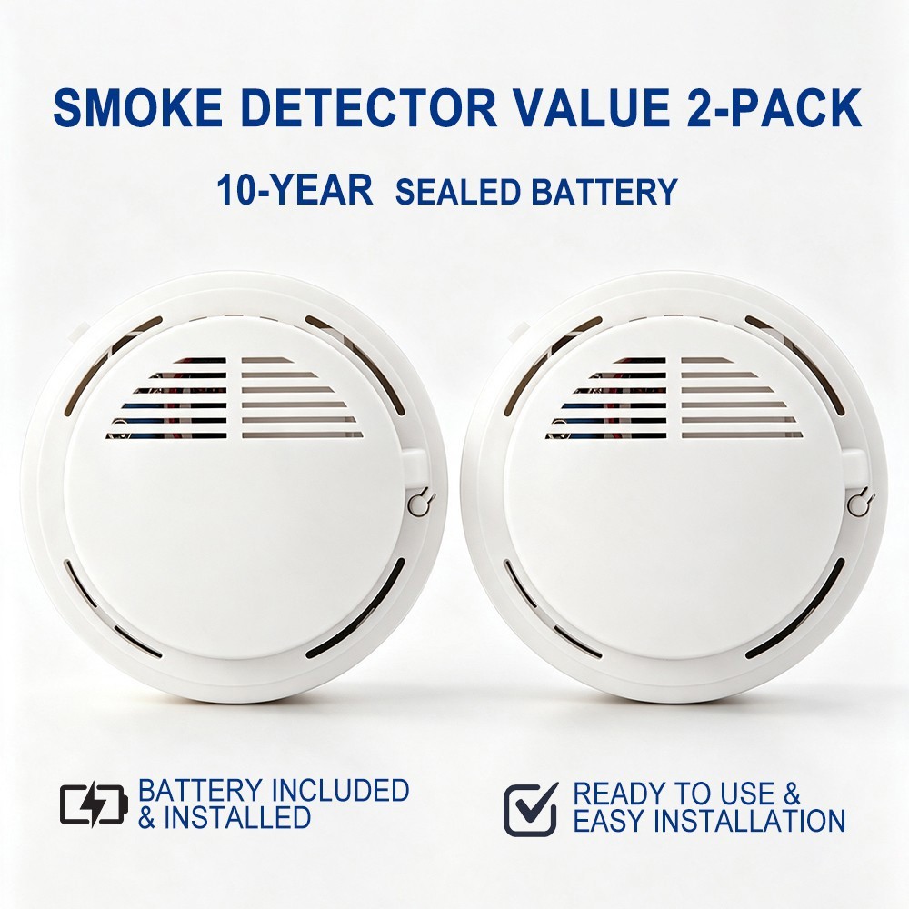 2 Pack Smoke Alarm Detector Home Fire Safety Sensor Alert Battery Included 2026