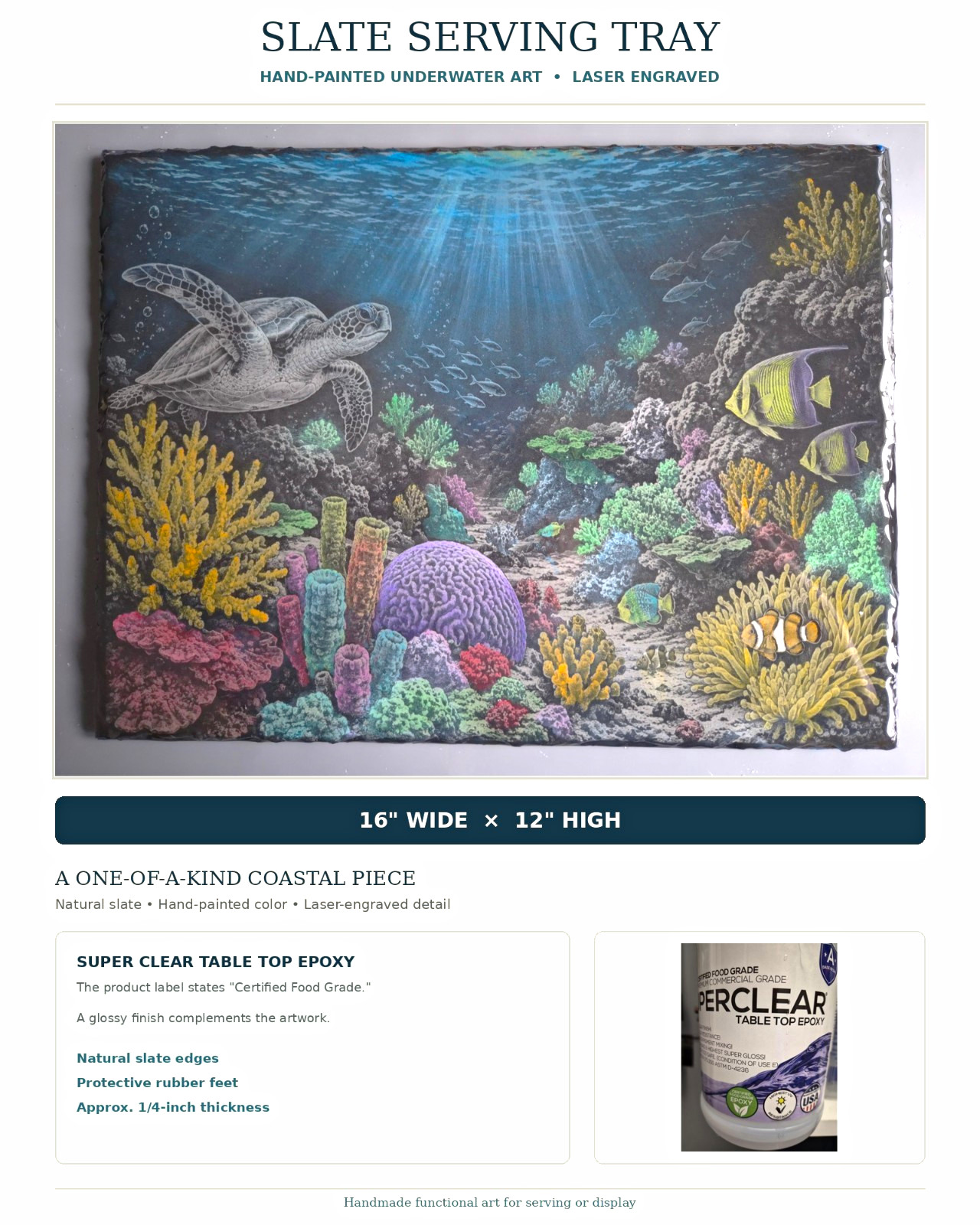 16 X 12 Slate Laser Engraved Serving Tray Hand Painted -Food Safe- Coral Reef