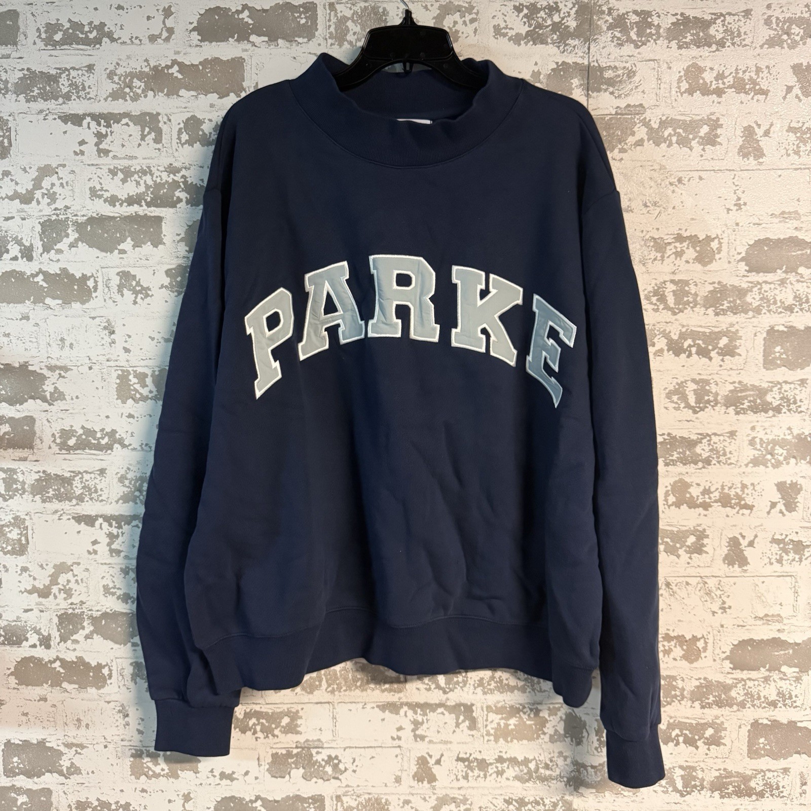 PARKE Varsity Mockneck Sweatshirt Denim + Light Blue Size L/XL PARKE Varsity Mockneck Sweatshirt Denim + Light Blue Size L/XL