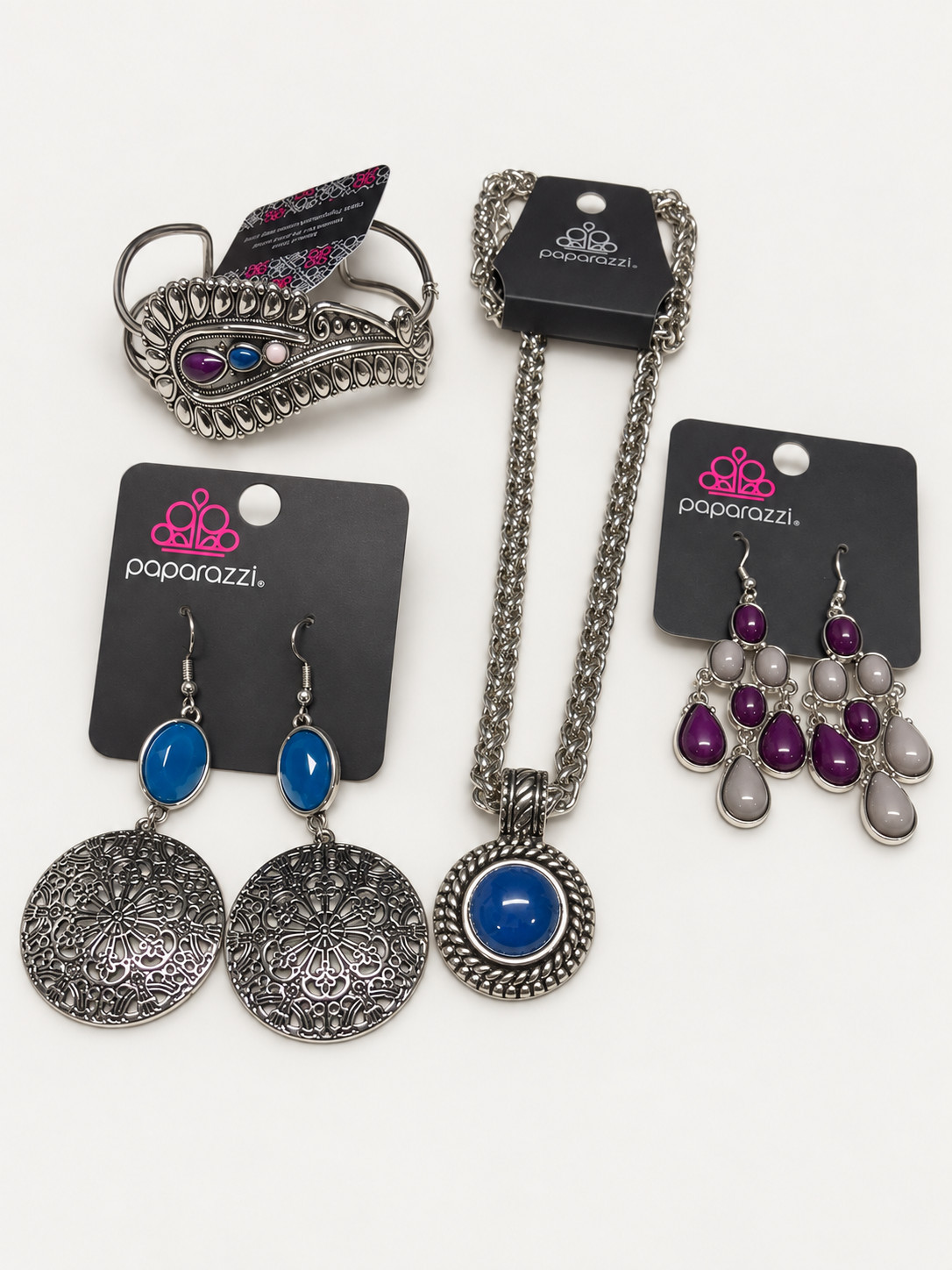 Paparazzi Blue Purple Silver Tone Bundle Necklace 2 Earring Pairs Cuff Paparazzi Blue Purple Silver Tone Bundle Necklace 2 Earring Pairs Cuff