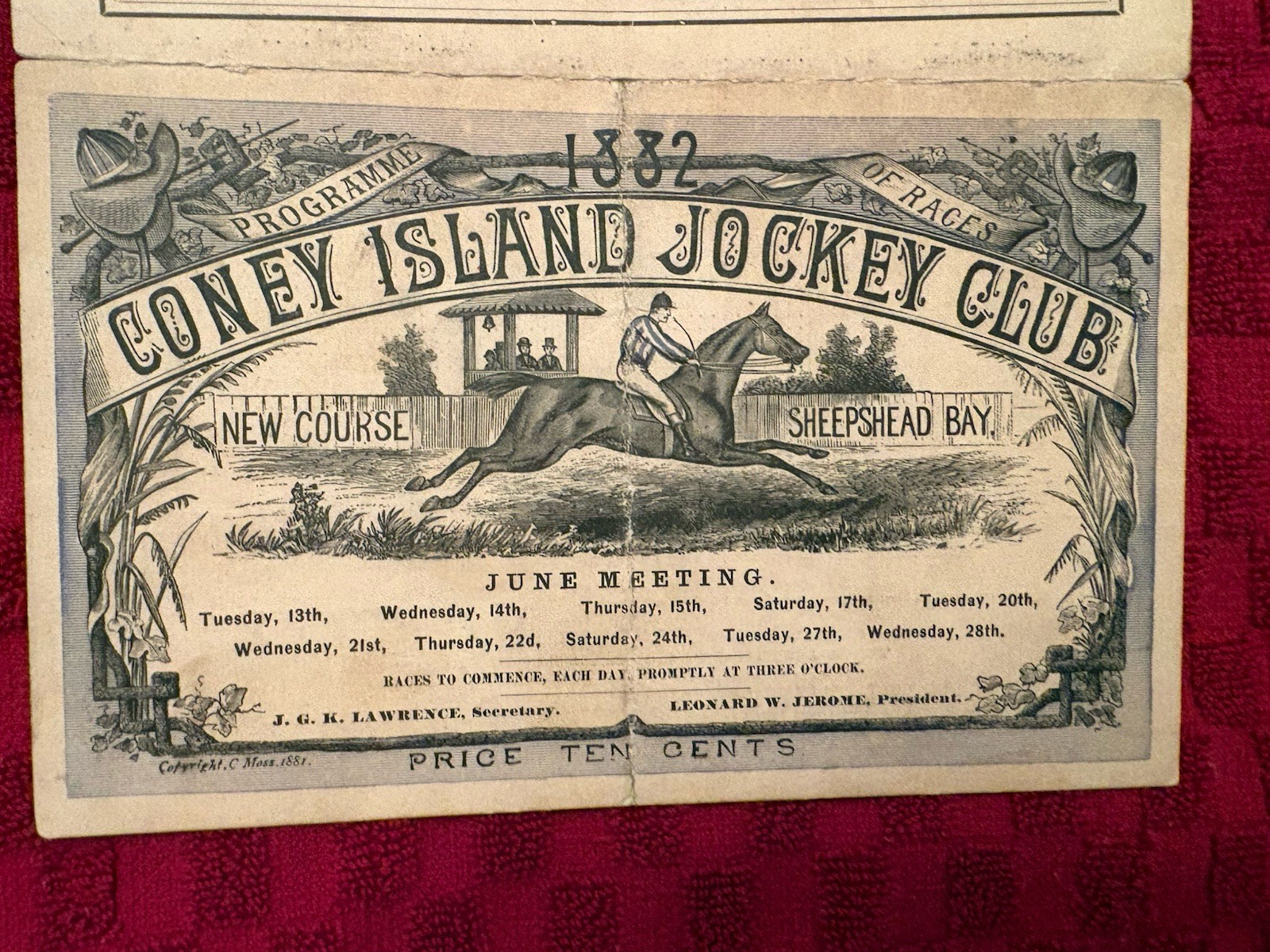 1882 CONEY ISLAND JOCKEY CLUB PROGRAM—HINDOO (HOF) + PAROLE (HOF)—RAN THAT DAY