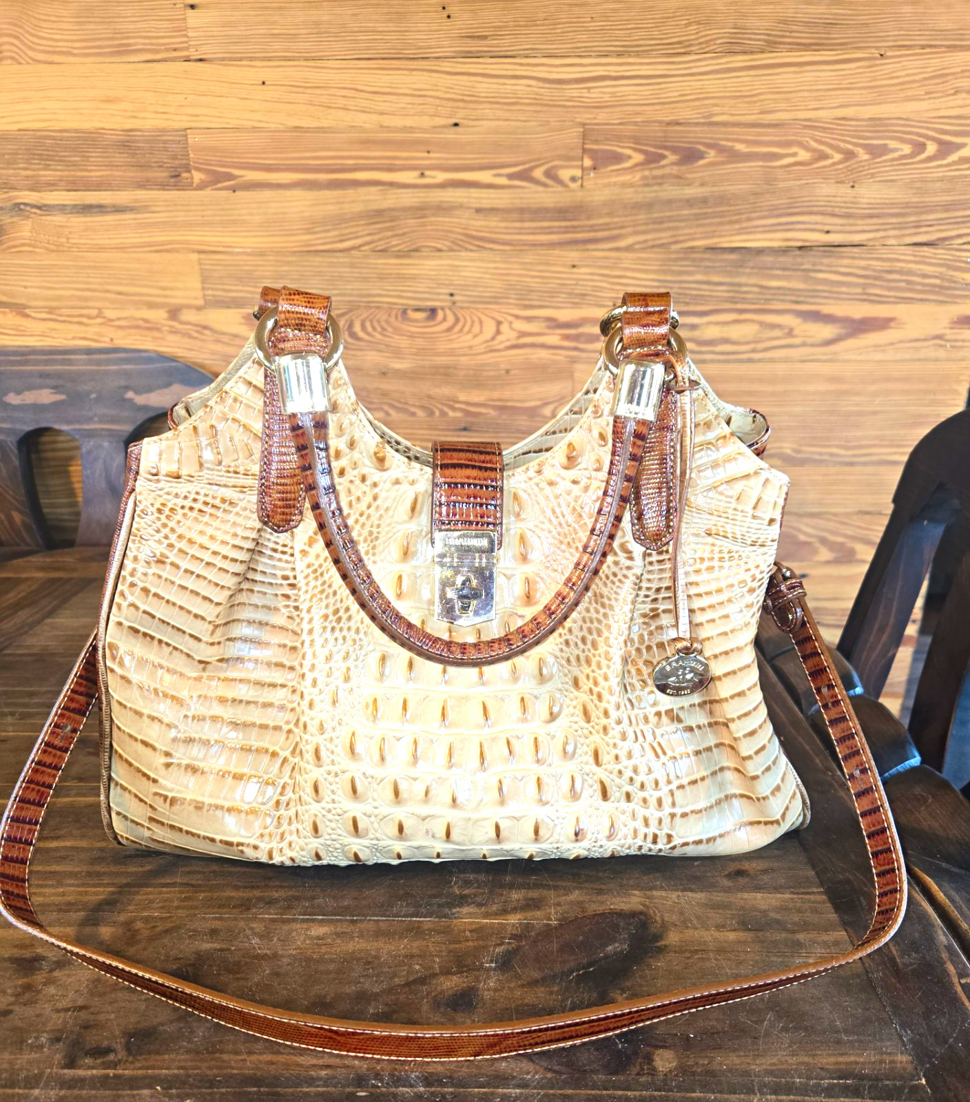NEW Rare Brahmin Elisa handbag in cream & pecan croc- embossed crafted  leather