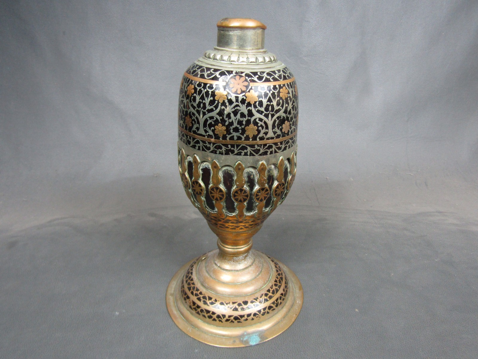 Antique coconut brass nickel silver inlaid hookah lamp base Indian