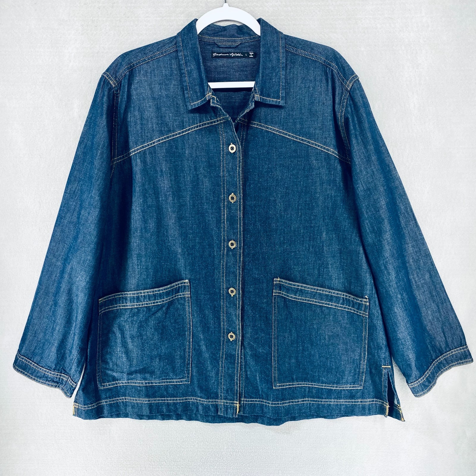 Gudrun Sjoden Denim Jacket Womens L Blue Cotton Button Up 3/4 Sleeve Swing Coat