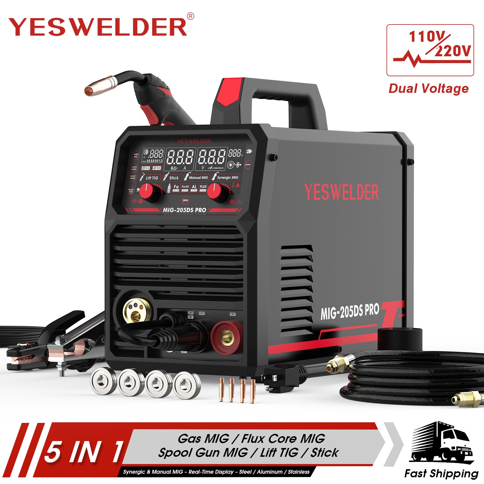 200Amp 110/220V Dual Voltage, 5 in 1 Aluminum MIG Welder, Spool Gun Compatible