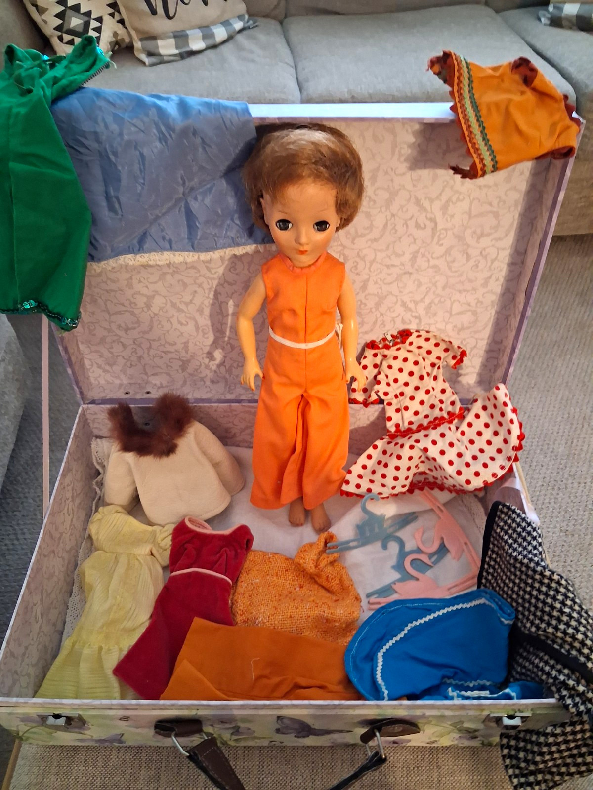1950s/60s Bell Doll With 1960s Mid Century Mod Outfits And 1960s Hangars.