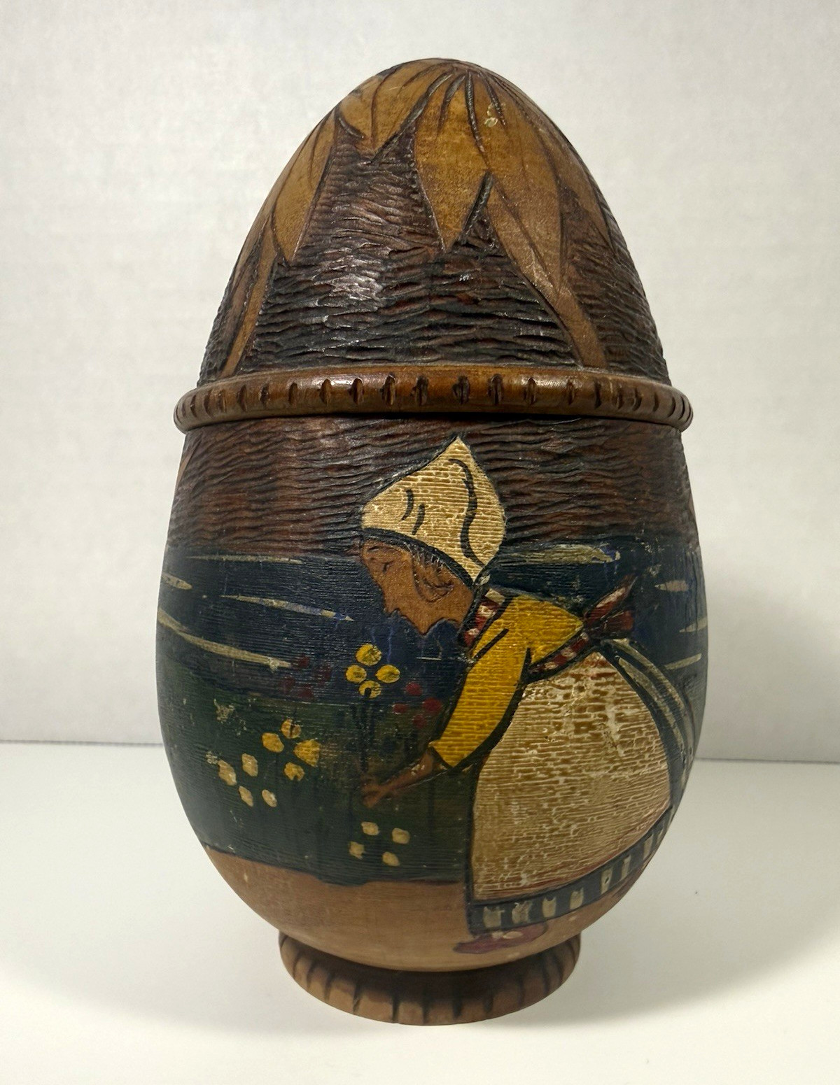 Vintage Pyrography Hand Carved Wooden Egg Trinket Box Dutch Windmill Folk Art