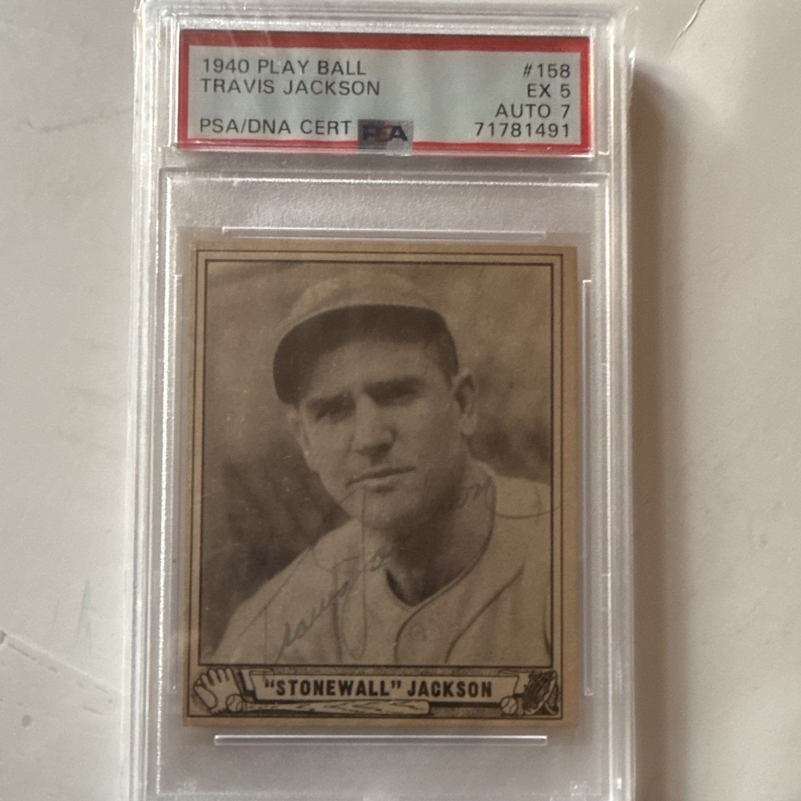 1940 Play Ball Travis Jackson #158 NY Giants Hard Signed Auto 7 PSA/DNA Graded 5