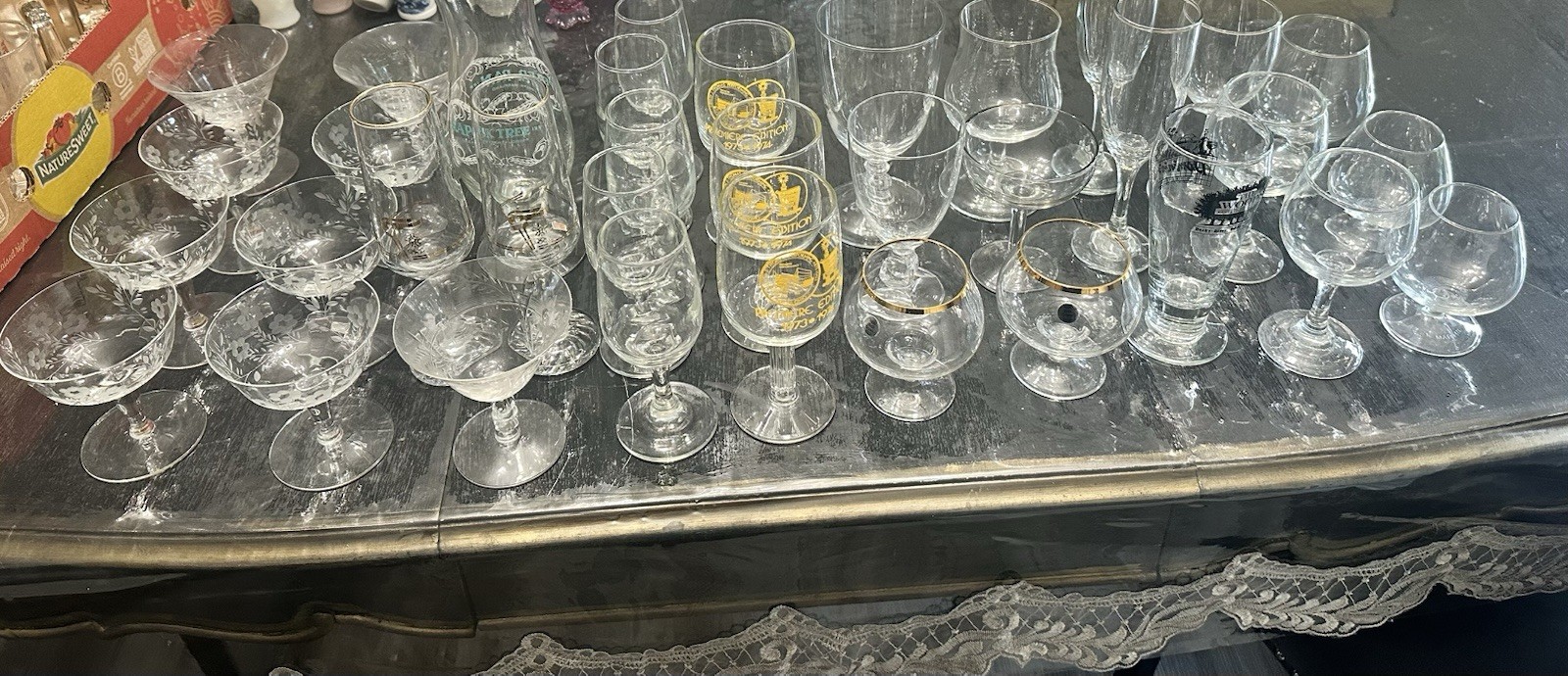 Vintage Clear Glassware Mixed Lot – Etched Floral, Gold Rim, Goblets, Stemware