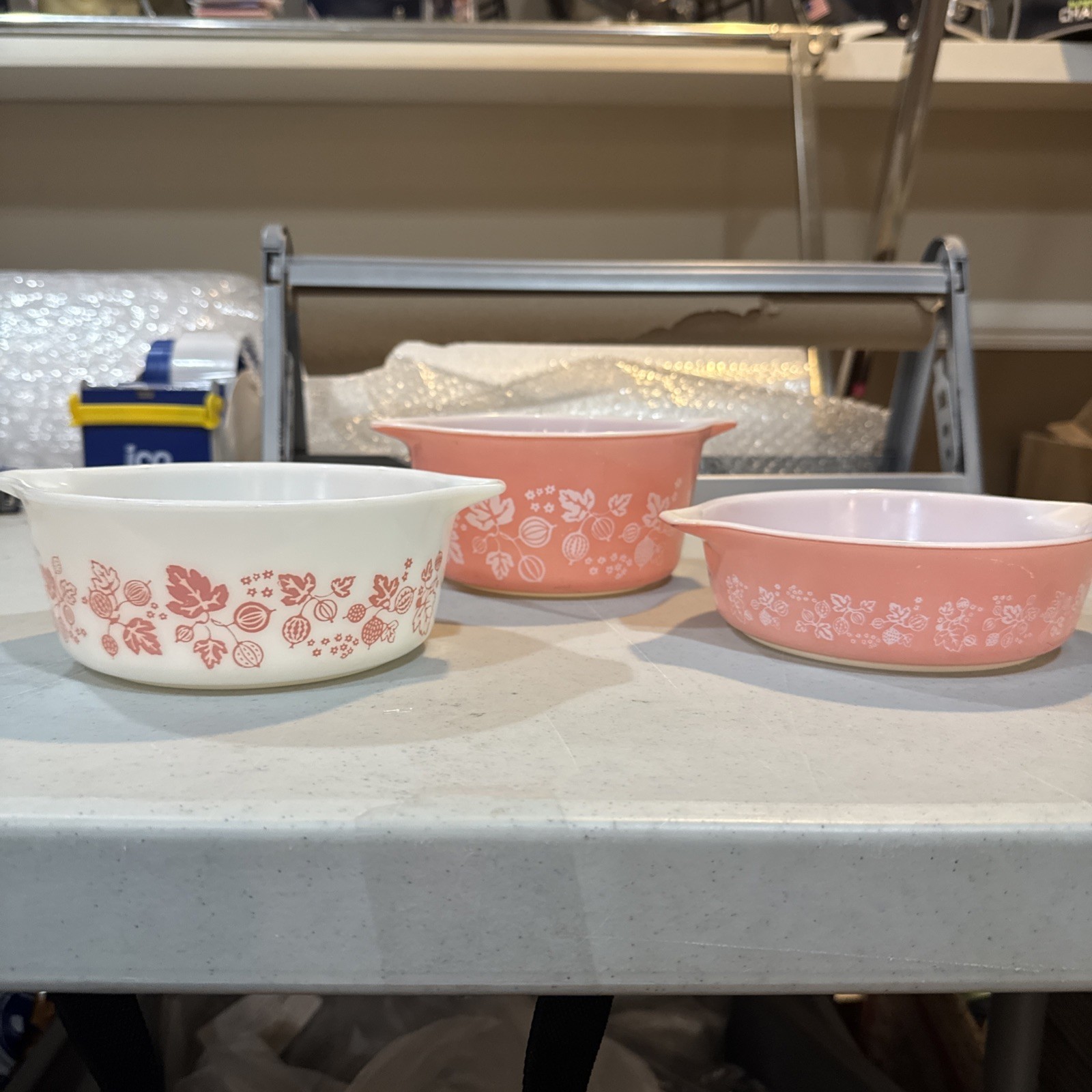 vtg Pyrex Pink Gooseberry Cinderella bowls produced between 1957 and 1966
