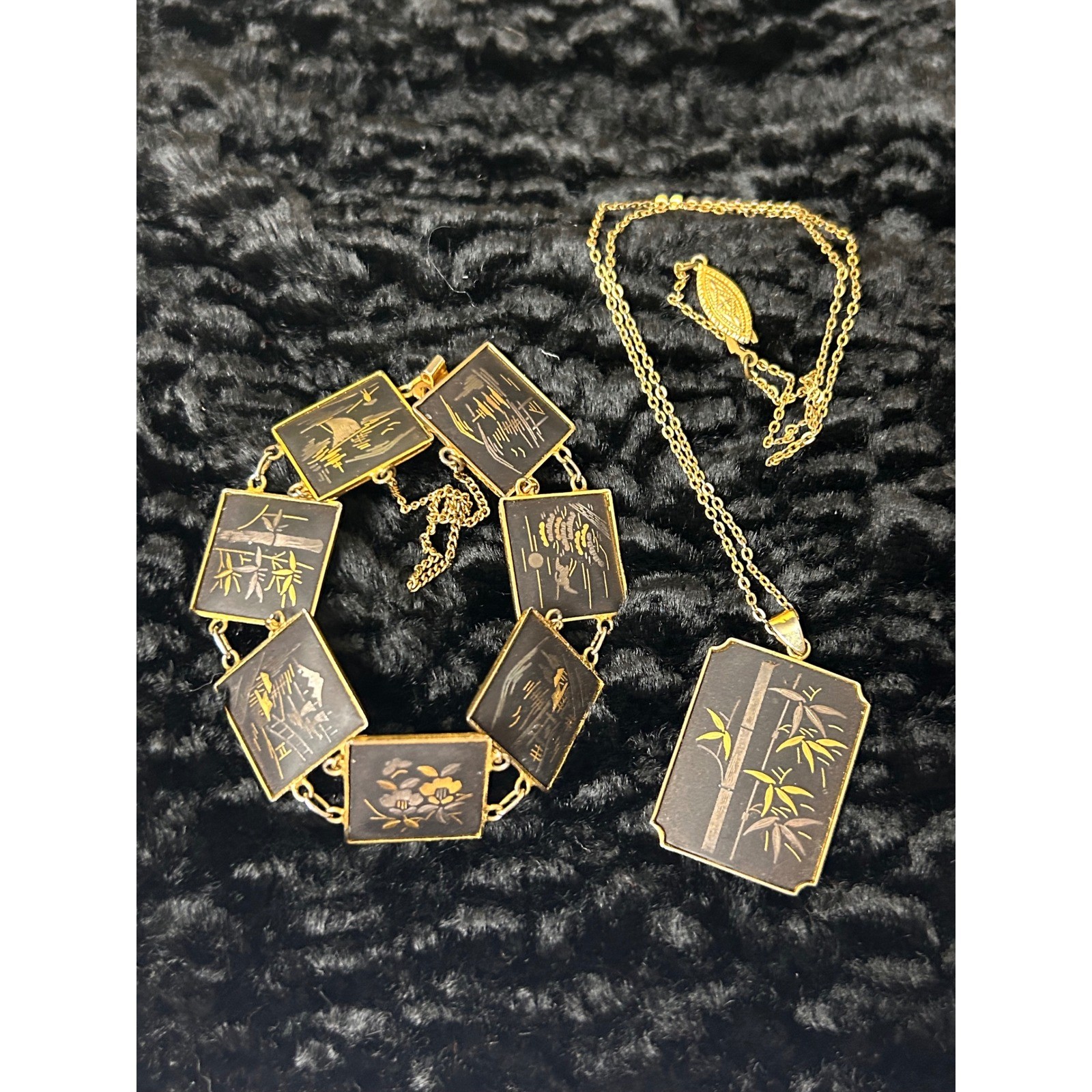 Amita Japan Damascene Bracelet Necklace Set Gold Silver Inlay Bamboo Vintage