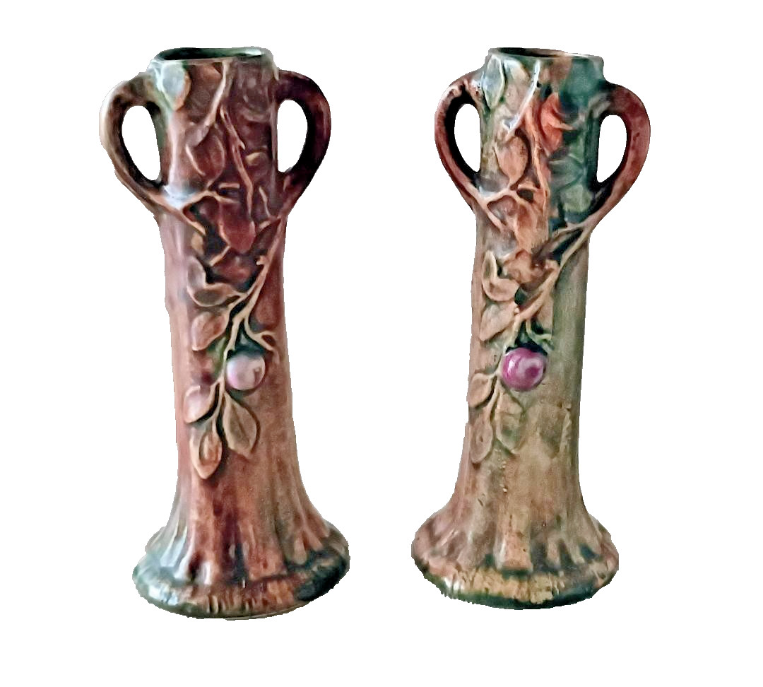 PAIR VINTAGE WELLER POTTERY WOODCRAFT APPLE TREE BUD VASES 7 PAIR VINTAGE WELLER POTTERY WOODCRAFT APPLE TREE BUD VASES 7