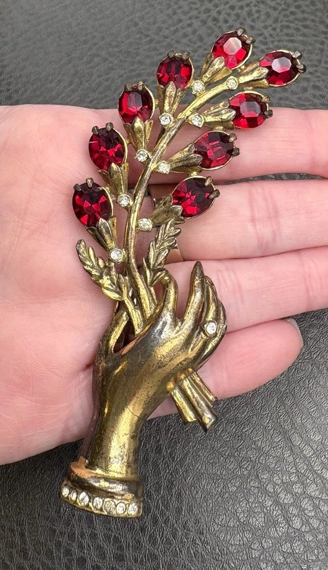 Vintage 4.25” HUGE Pot Metal Hand Holding Flowers Brooch Red Rhinestone
