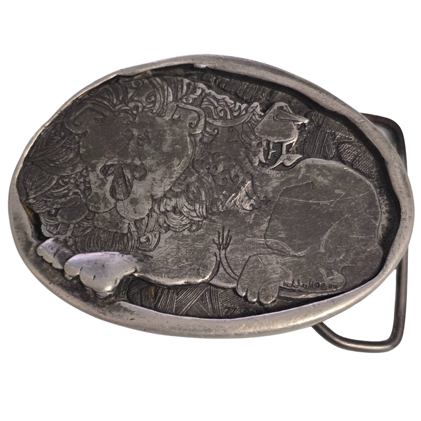 Rare Don Nedobeck Pewter Belt Buckle – Lion & Bird Ltd. Ed. #386/950 – 1970s Art