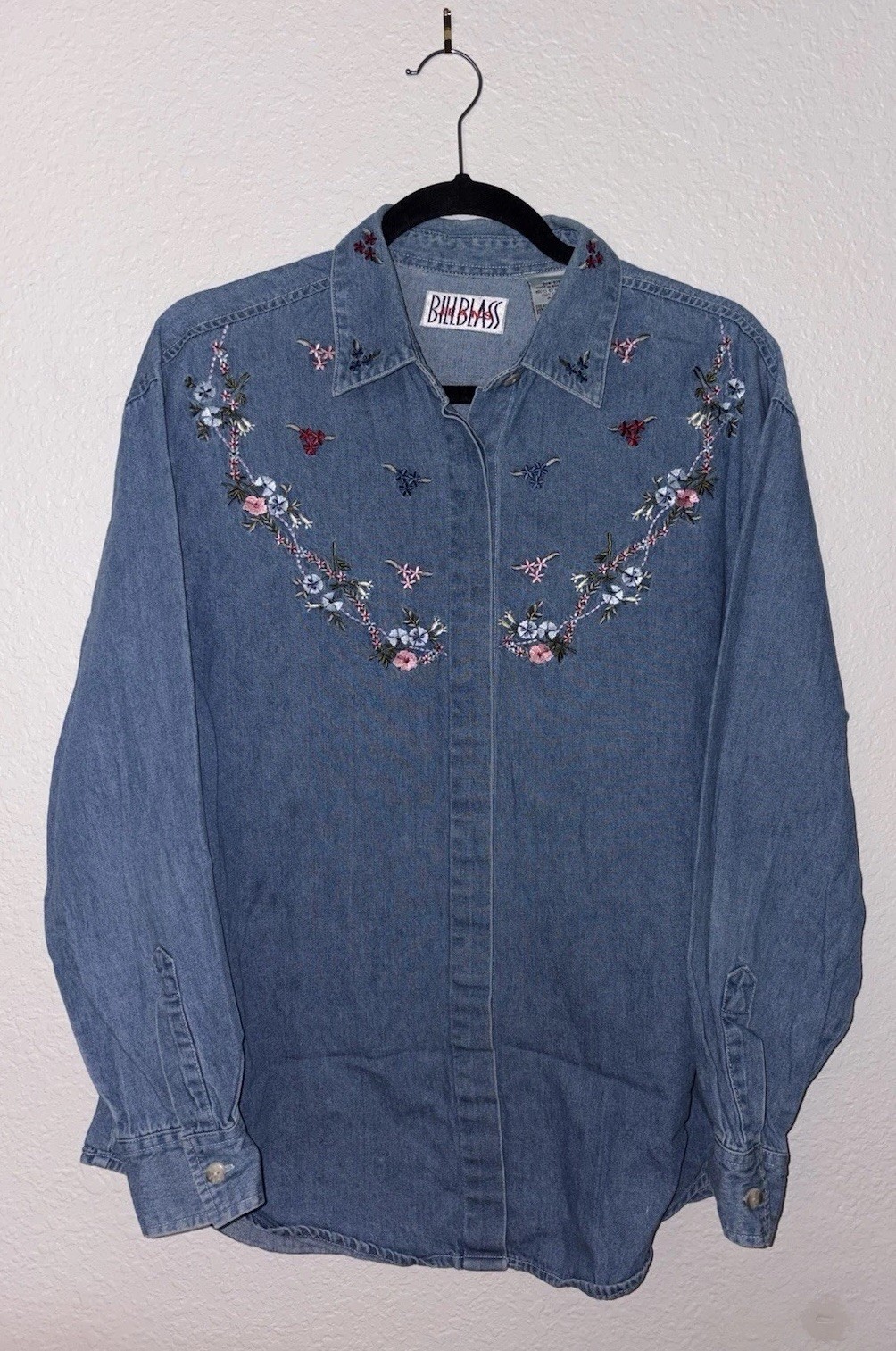 Vintage 90s Women’s Denim Floral Embroidered Shirt by Bill Blass, Size M