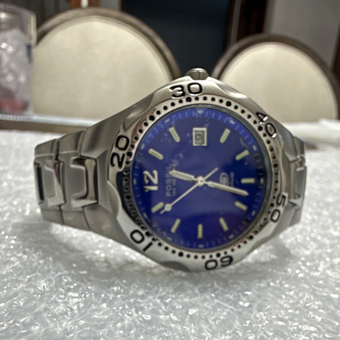 Fossil Big Blue Men\'s Blue Dial Quartz 100m Date Stainless Bracelet w/ Tin