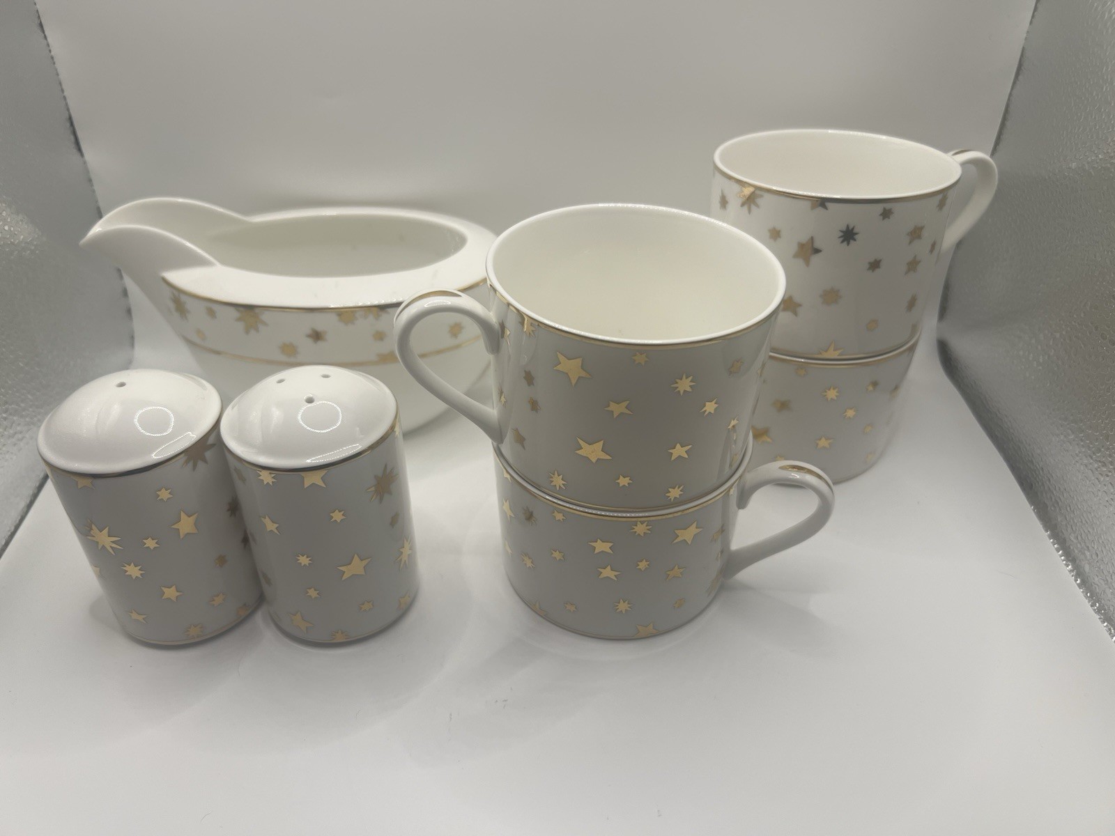 VTG Sakura Galaxy Porcelain 7-Pc Set Gravy Boat Salt Pepper Mugs 14k Gold 90s