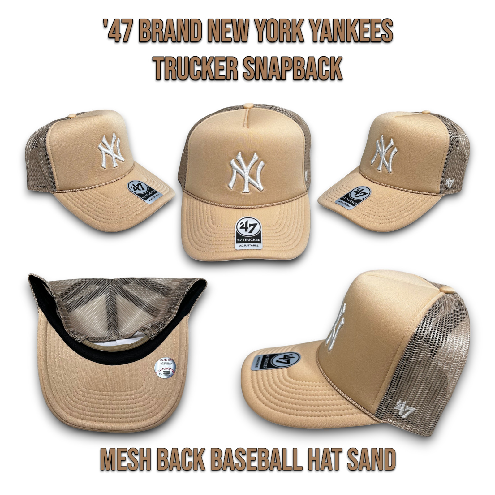 \'47 Brand New York Yankees Trucker Snapback Baseball Hat Cap Sand - OSFM _A1 \'47 Brand New York Yankees Trucker Snapback Baseball Hat Cap Sand - OSFM _A1
