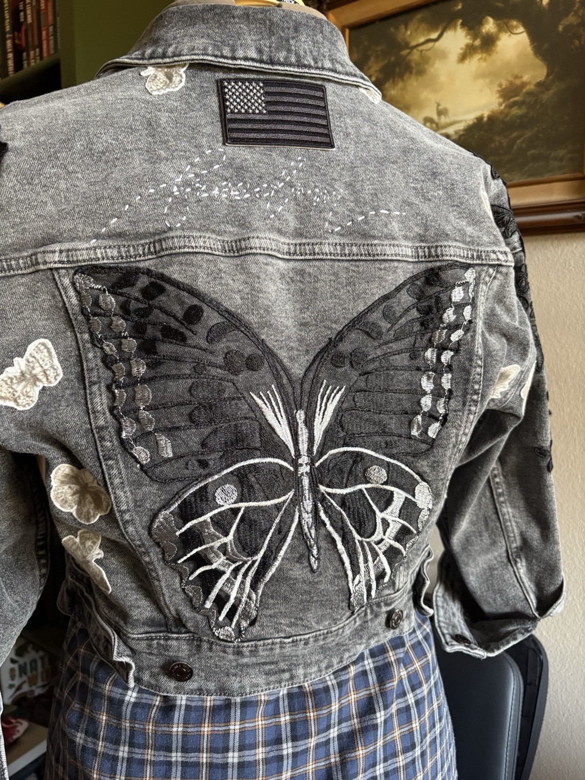 UPCYCLED Women’s XS/S Gray Denim Cropped Jacket | One-of-a-Kind Butterfly Whimsy