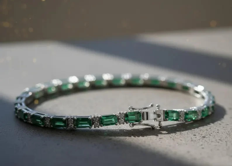 12Ctw Lab-Created Emerald & Diamond Tennis Bracelet 925 Sterling Silver