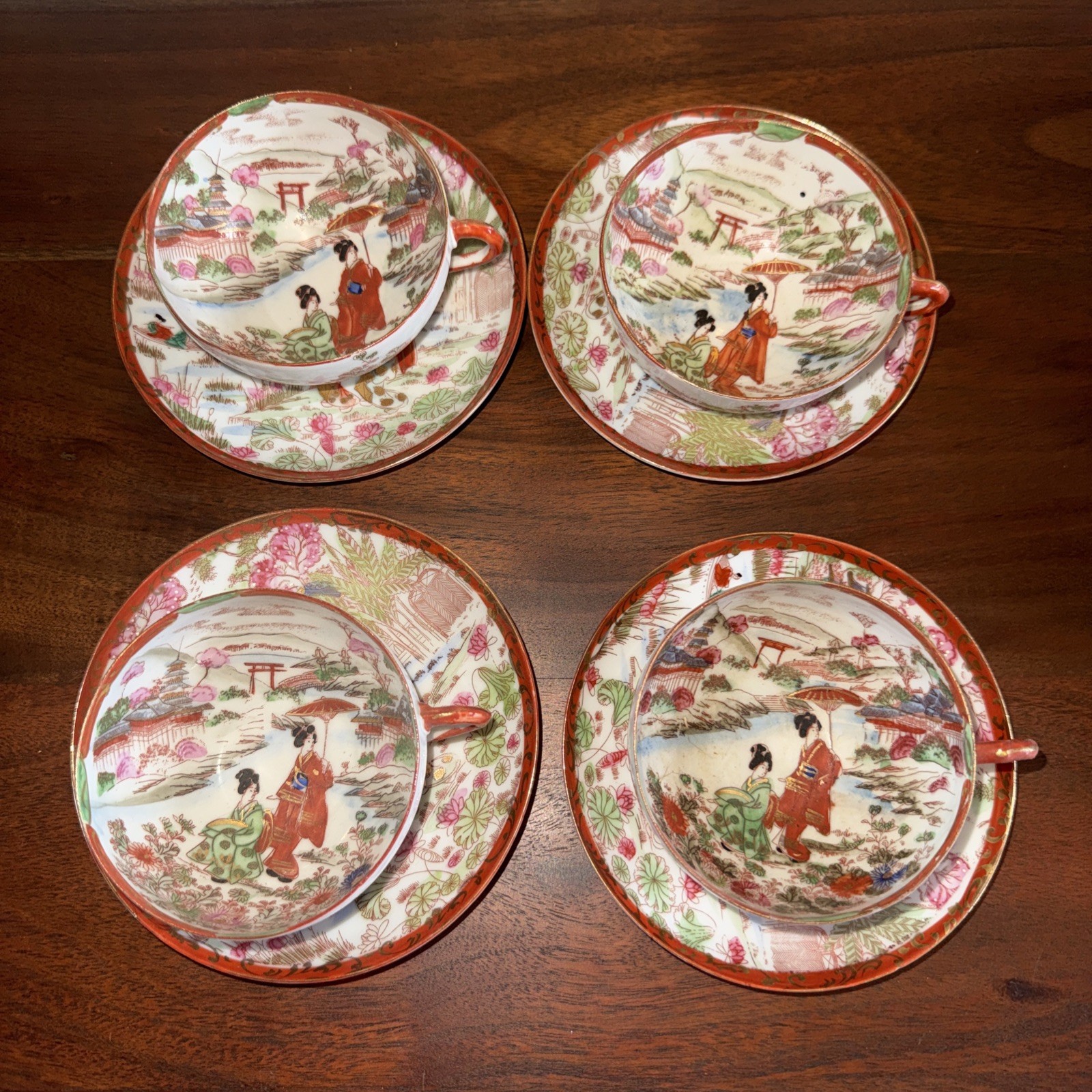 Vintage Japanese Geisha Tea Set 4 Cups 4 Saucers Hand Painted Porcelain Japan