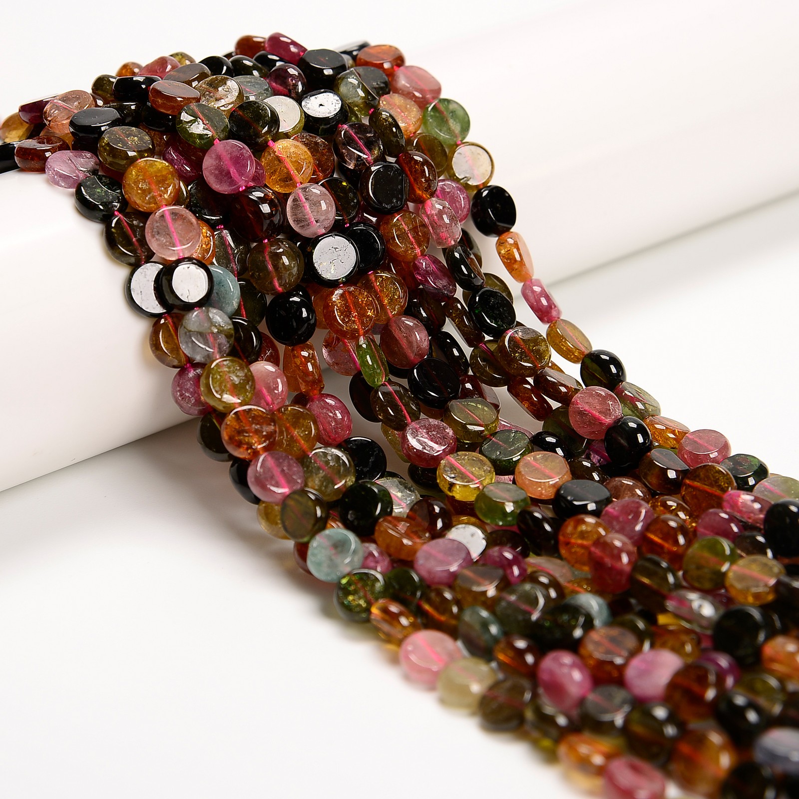 Natural Multi Color Tourmaline Smooth Flat Coin Beads Size 7-7.5mm 15.5\'\'Strand