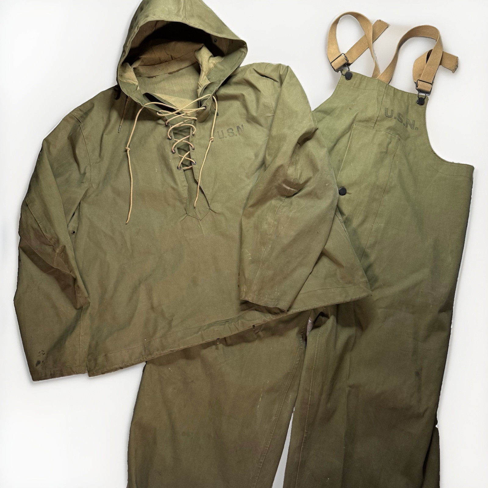 VTG 1944 WW2 Navy USN Anorak Rain Deck Jacket/Bibs SMALL Foul Weather Parka Hood VTG 1944 WW2 Navy USN Anorak Rain Deck Jacket/Bibs SMALL Foul Weather Parka Hood