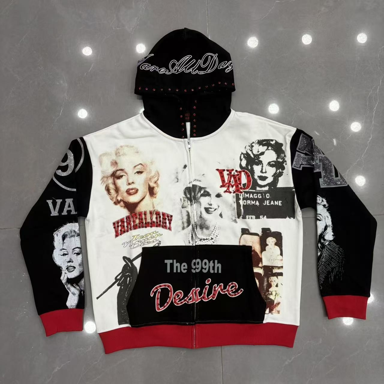 VARE ALL DAY Oversized Vintage Washed Rhinestone Graphic Print Hoodie