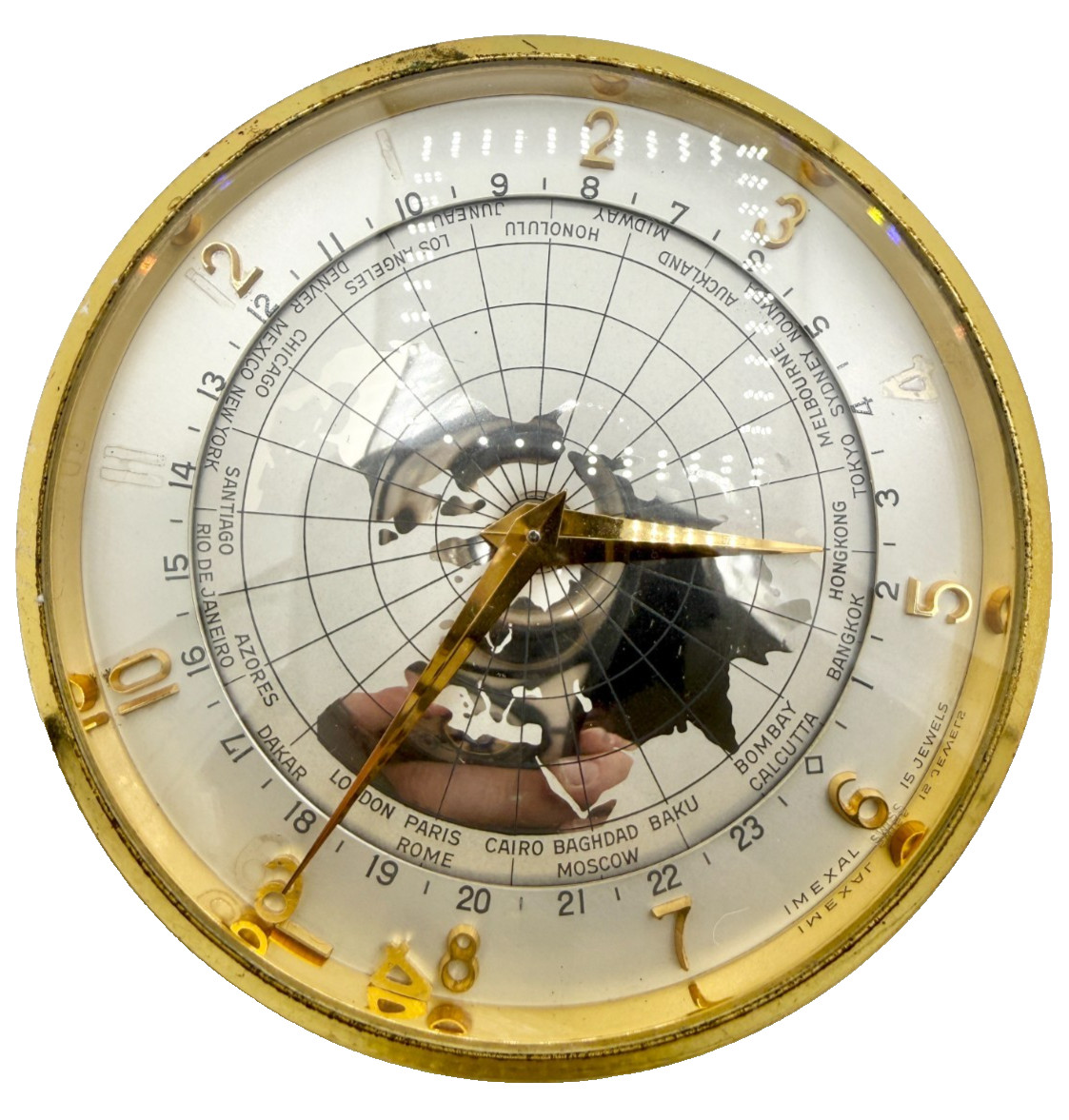 Antique Mechanical Gold Tone Imexal World TIme Desk Clock Antique Mechanical Gold Tone Imexal World TIme Desk Clock