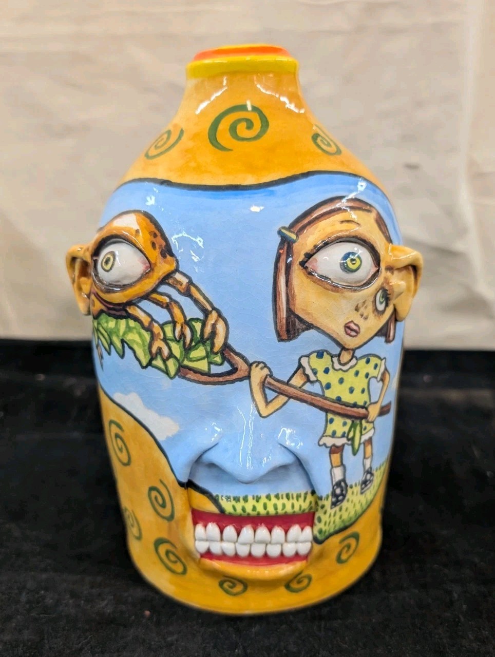 Stacy Lambert Primitive Southern Folk Art Pottery Fiddler Crab Face Jug