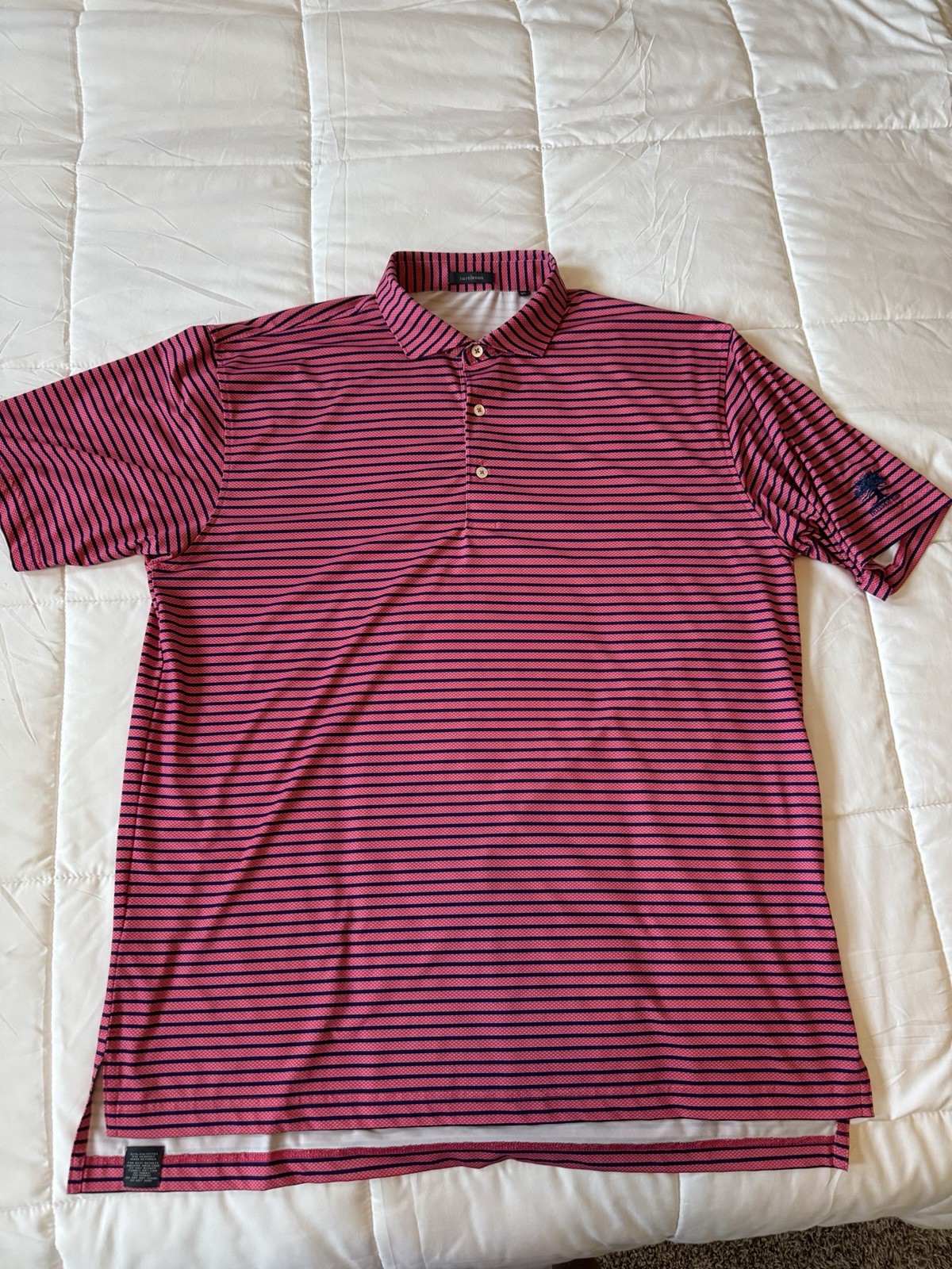 turtleson Mission hills CC logo Men\'s XL Pink/Navy Striped Golf Polo Stretch turtleson Mission hills CC logo Men\'s XL Pink/Navy Striped Golf Polo Stretch