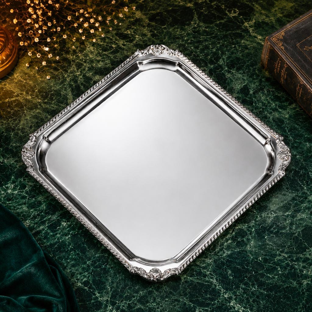 Charming Vintage Ornate Silverplate Square Serving Tray Barware Vanity Decor Charming Vintage Ornate Silverplate Square Serving Tray Barware Vanity Decor