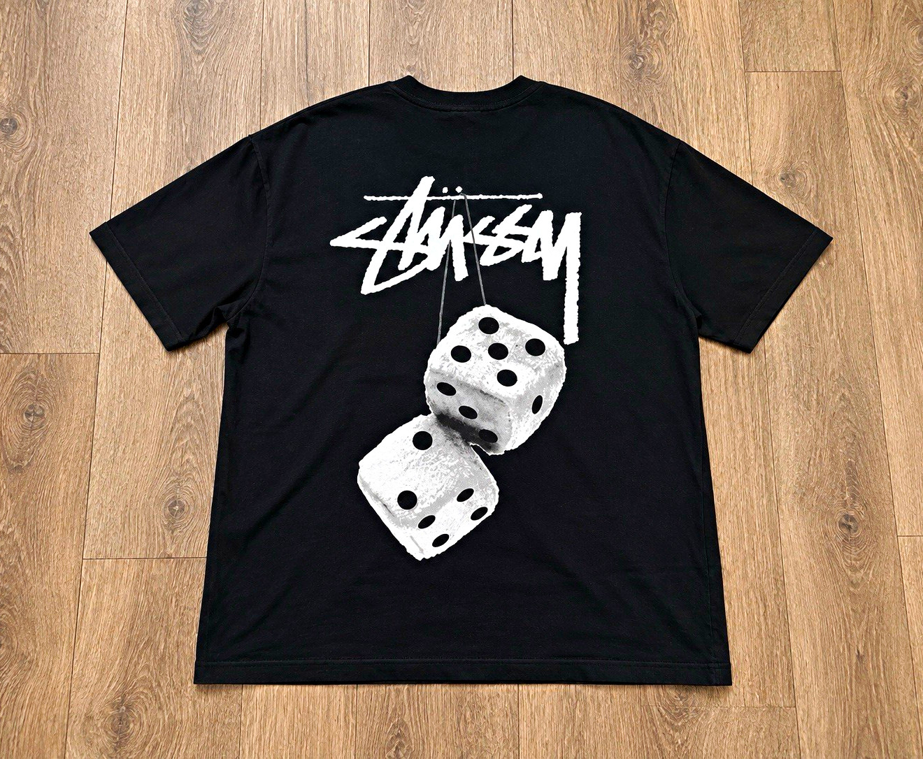 Stussy Black Dice Logo Graphic Print Crew Neck Short Sleeve T-Shirt - XL