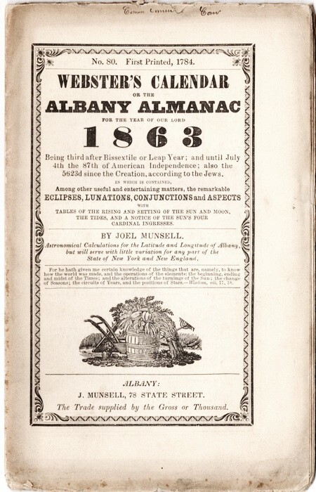 1863 Webster's Calendar or the Albany Almanac No 80 Nicest Group we haveEVER had