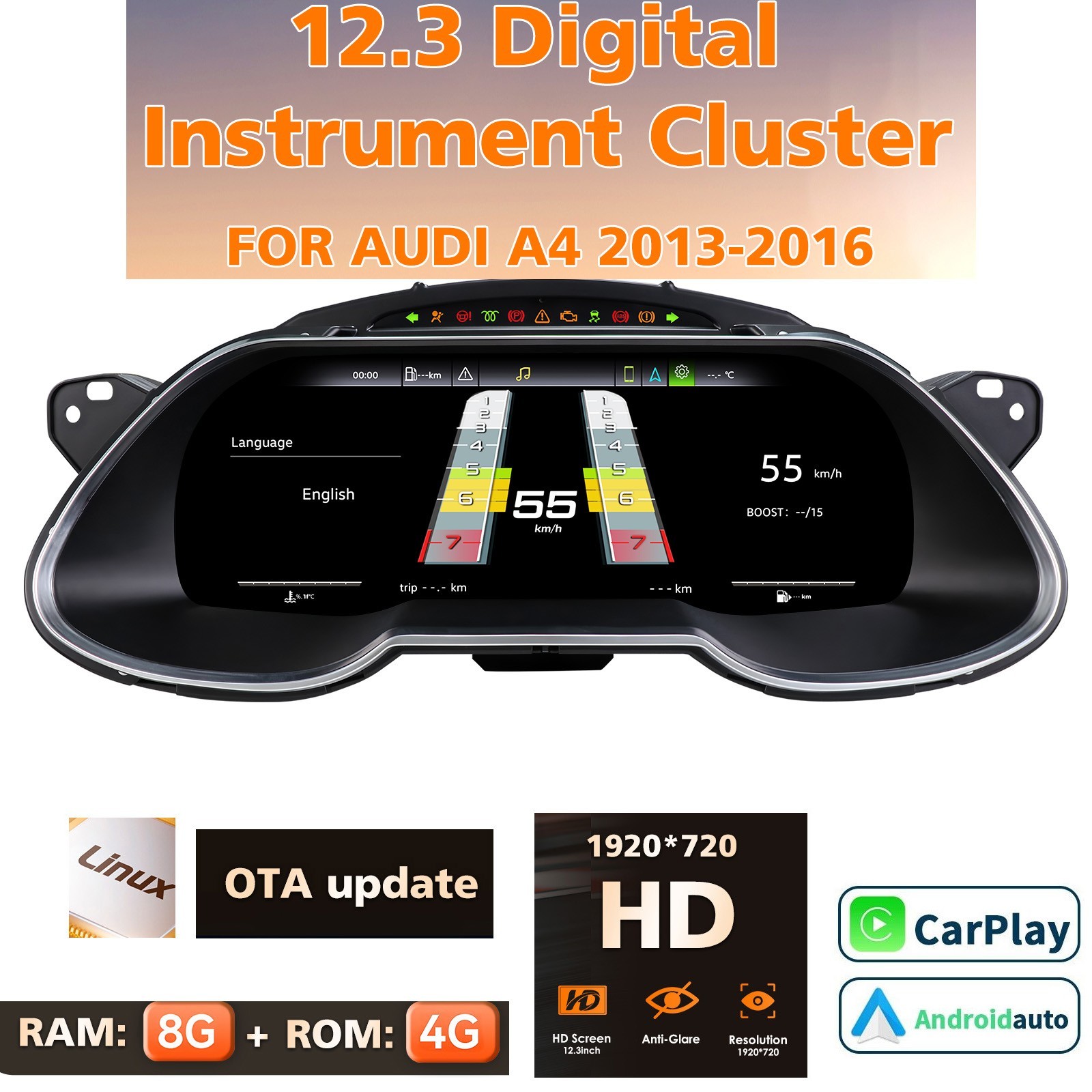 12.3 inch LCD Instrument Cluster Speedometer W/ CarPlay For Audi A4 S4 2013-2016