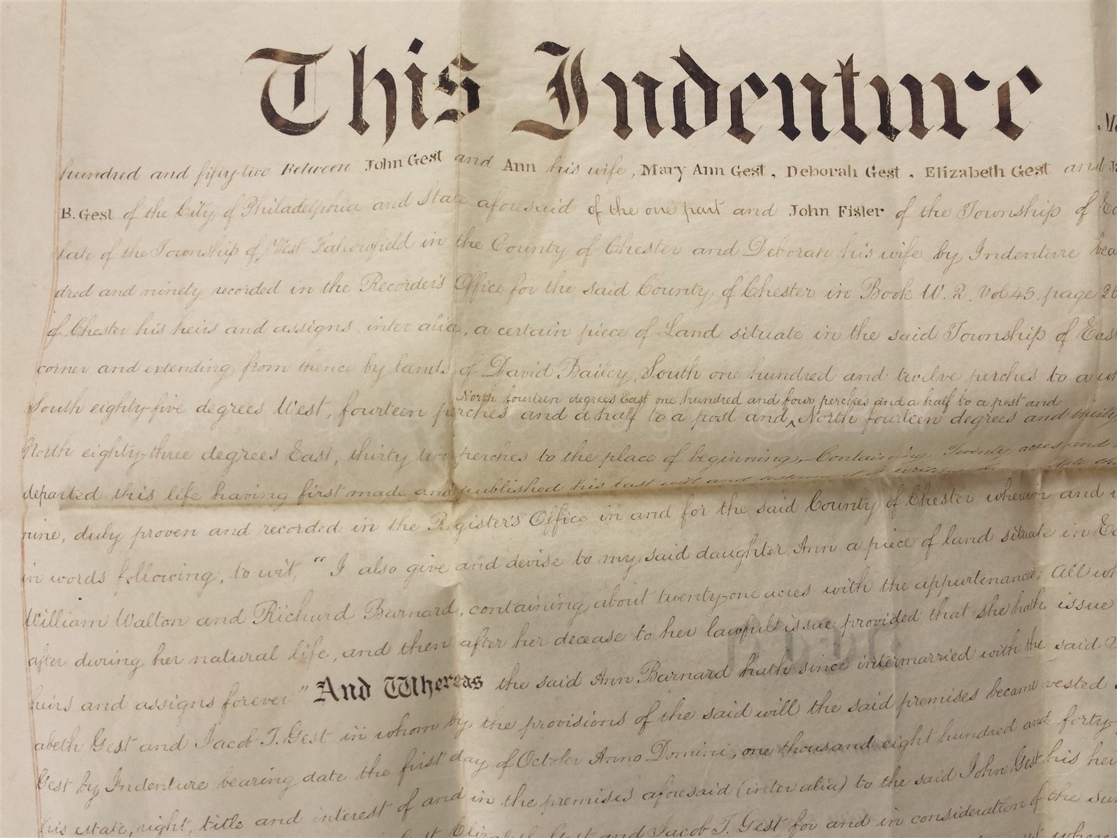 1855 antiqe VELLUM DEED salisbury lancaster pa GEST east fallowfield FISLER 